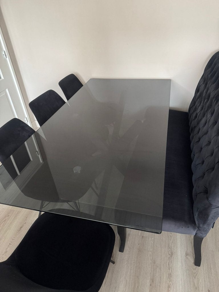 Mooie zwarte glazen eettafel, Ophalen, 50 tot 100 cm, Vijf personen of meer, 150 tot 200 cm