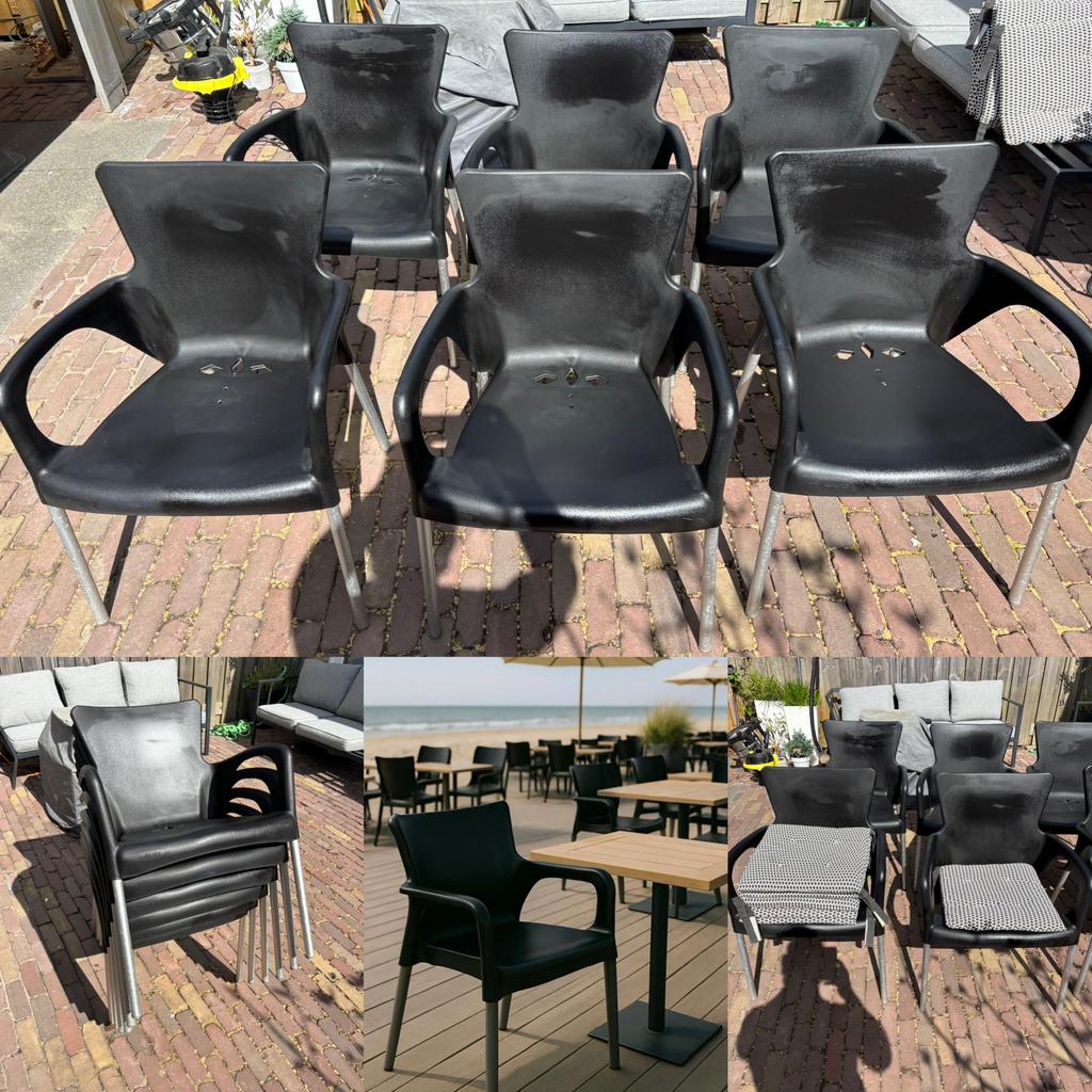 6X Tuin Terras stoel Joluce - Stapelbaar -Armleuning - Zwart, Ophalen, Gebruikt, Kunststof
