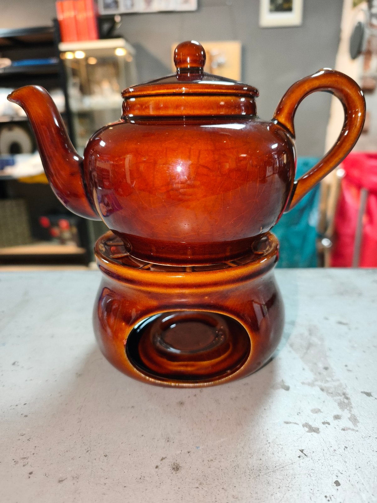 Vintage Van Nelle theepot met theelicht 0,7 l- Bruin keramie, Ophalen