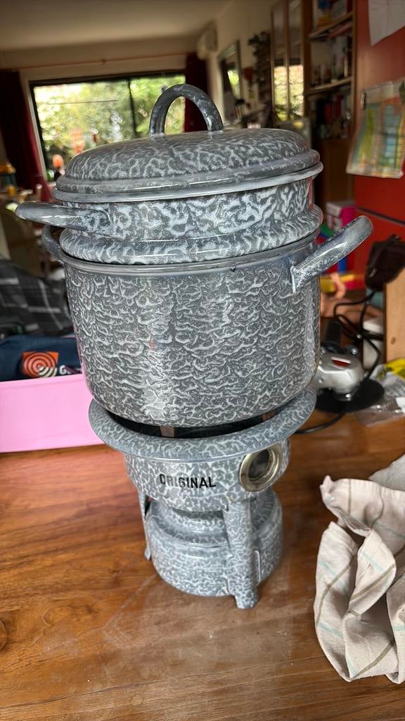 Grijsgewolkte rijststomer en petroleumstel, Antiek en Kunst, Antiek | Emaille, Ophalen
