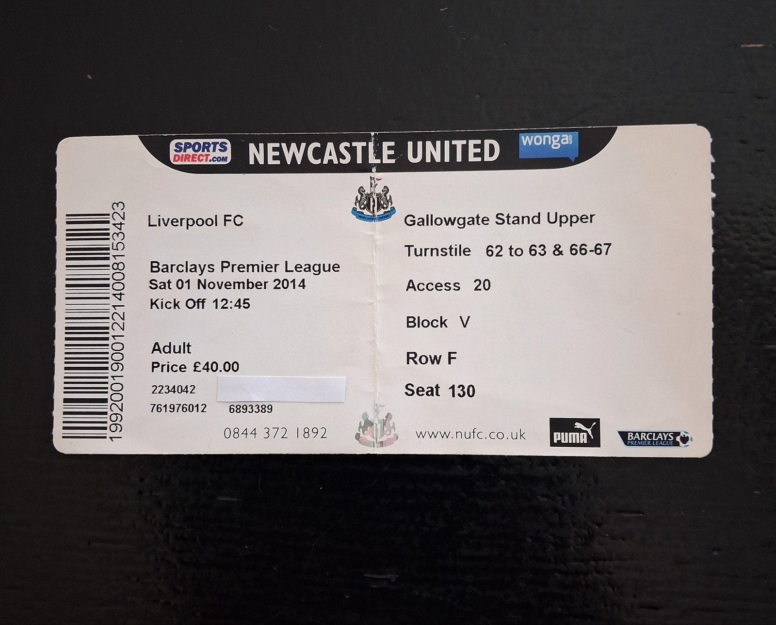 Engeland. Ticket Newcastle United - Liverpool 2014/2015, Ophalen of Verzenden, Gebruikt, Buitenlandse clubs