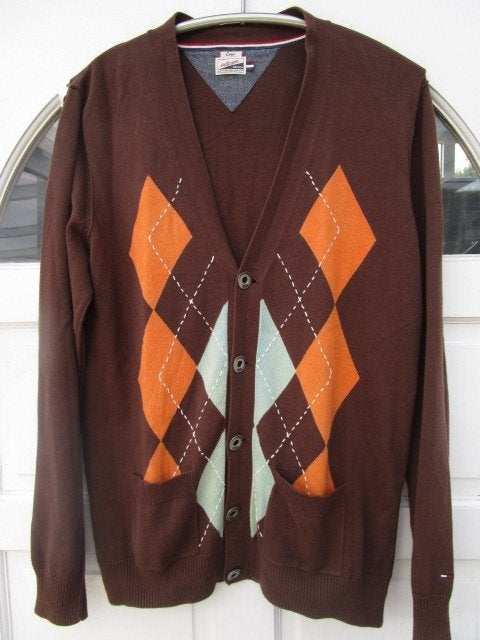 Tommy Hilfiger  argyle vest, maat L valt als  M, Kleding | Heren, Truien en Vesten, Ophalen, Bruin, Maat 48/50 (M), Tommy Hilfiger