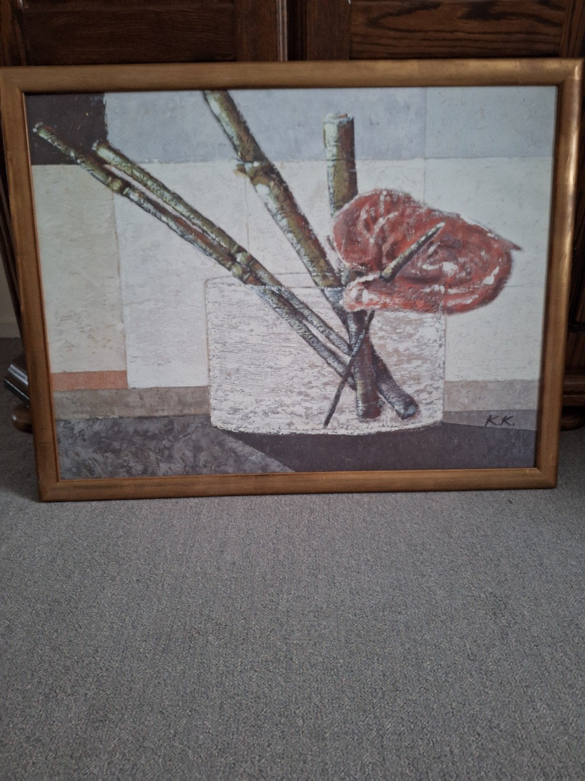 Schilderij met bamboe en bloem, 87x67 cm inclusief lijst, Ophalen