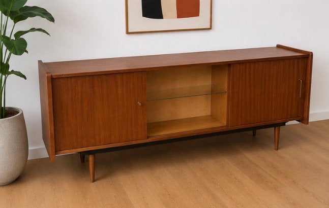 Vintage Mid-Century dressoir/sideboard met glazen middenvak, Vintage, Vintage, Ophalen of Verzenden, Zo goed als nieuw