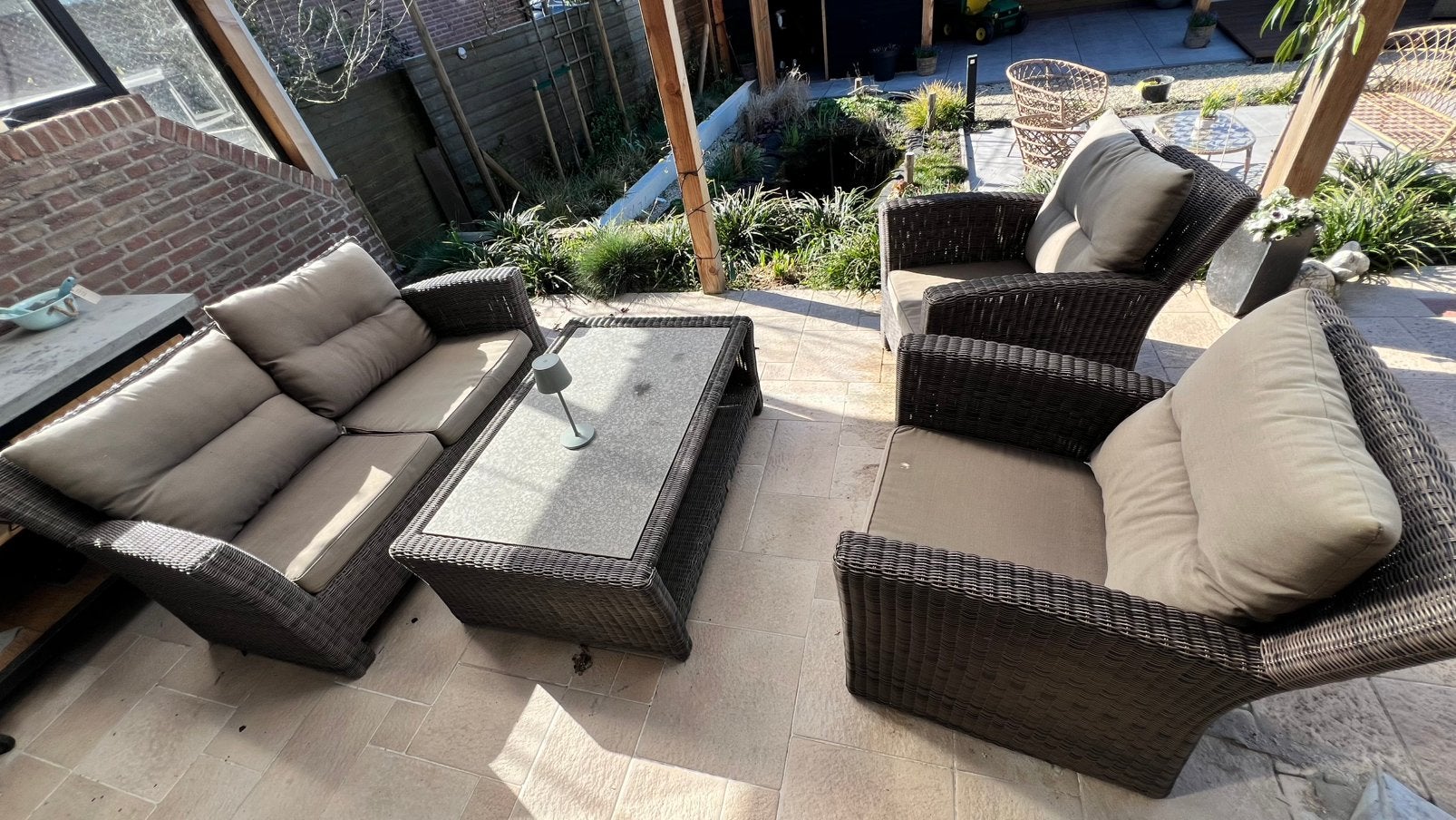 Tuinmeubelset 1 bank 2 stoelen en een tafel, Tuin en Terras, Ophalen, 4 zitplaatsen, Gebruikt, Bank