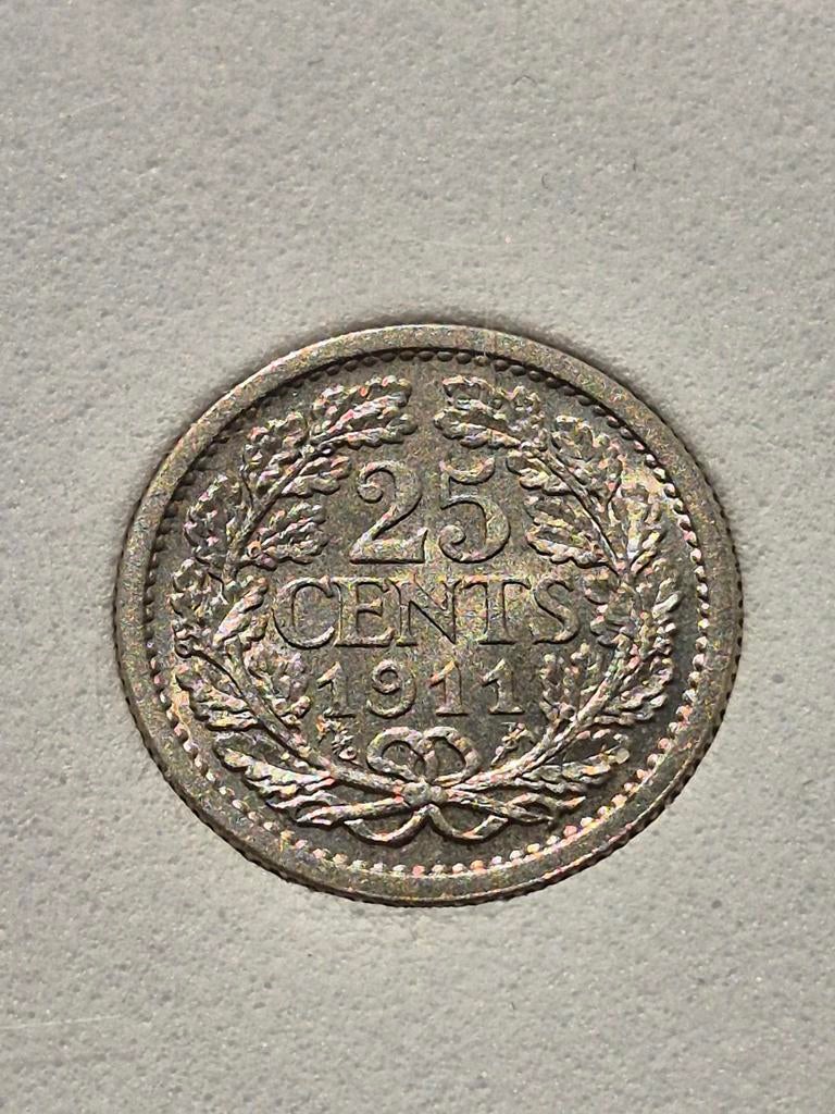 25 cent 1911 UNC FDC MS 64 in slab hoge catwaarde, Postzegels en Munten, Munten | Nederland, Ophalen of Verzenden, Koningin Wilhelmina