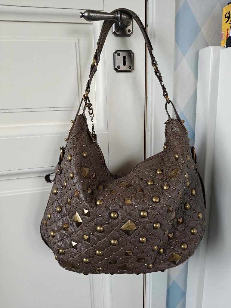 Vintage DKNY Y2K Bruine lederen hobo bag met bronzen studs, Ophalen of Verzenden, Zo goed als nieuw, Bruin, Handtas