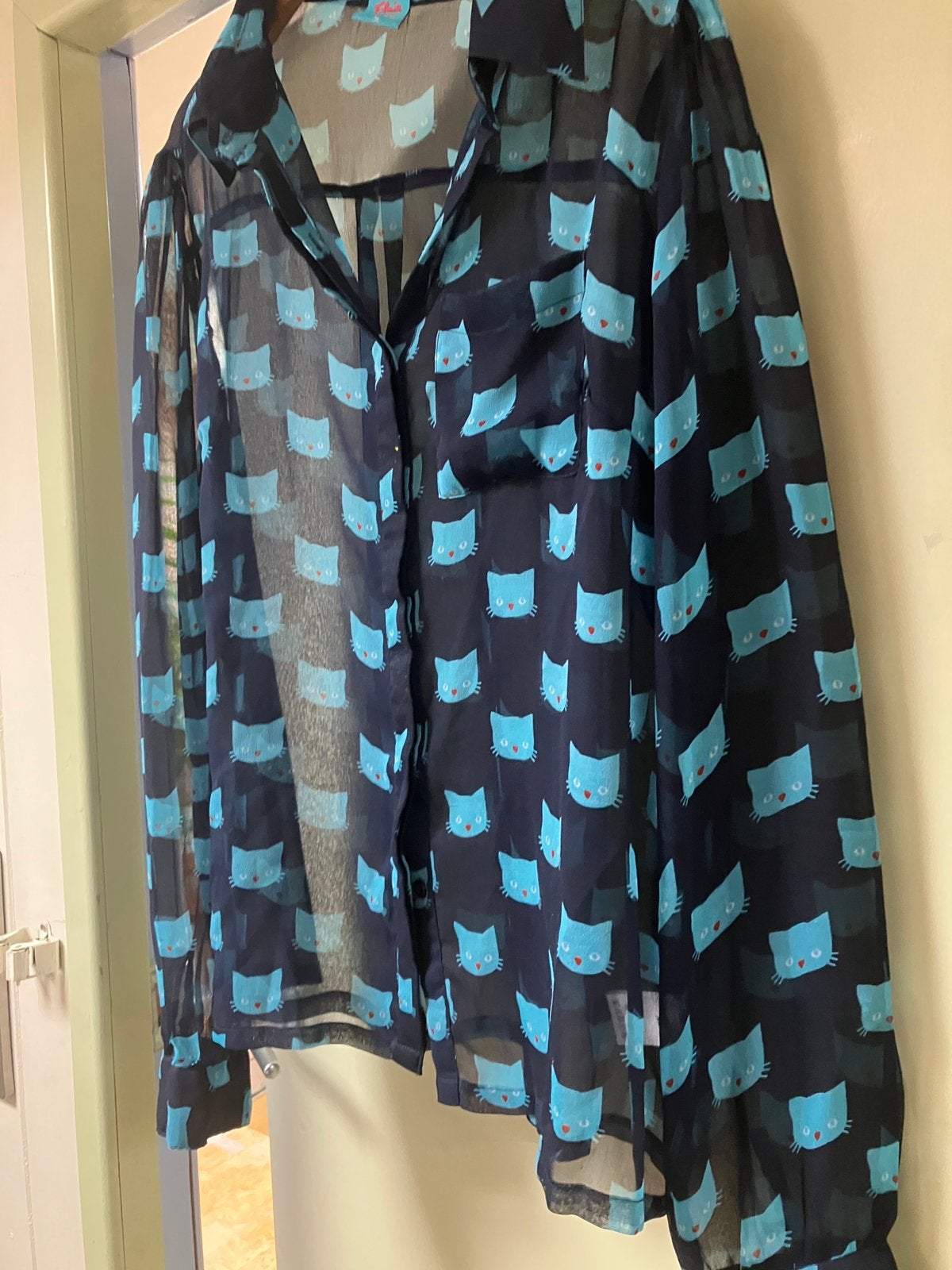 Voor de katten liefhebber blouse mt 42/44, Ophalen of Verzenden, Zo goed als nieuw, Maat 42/44 (L), Blauw