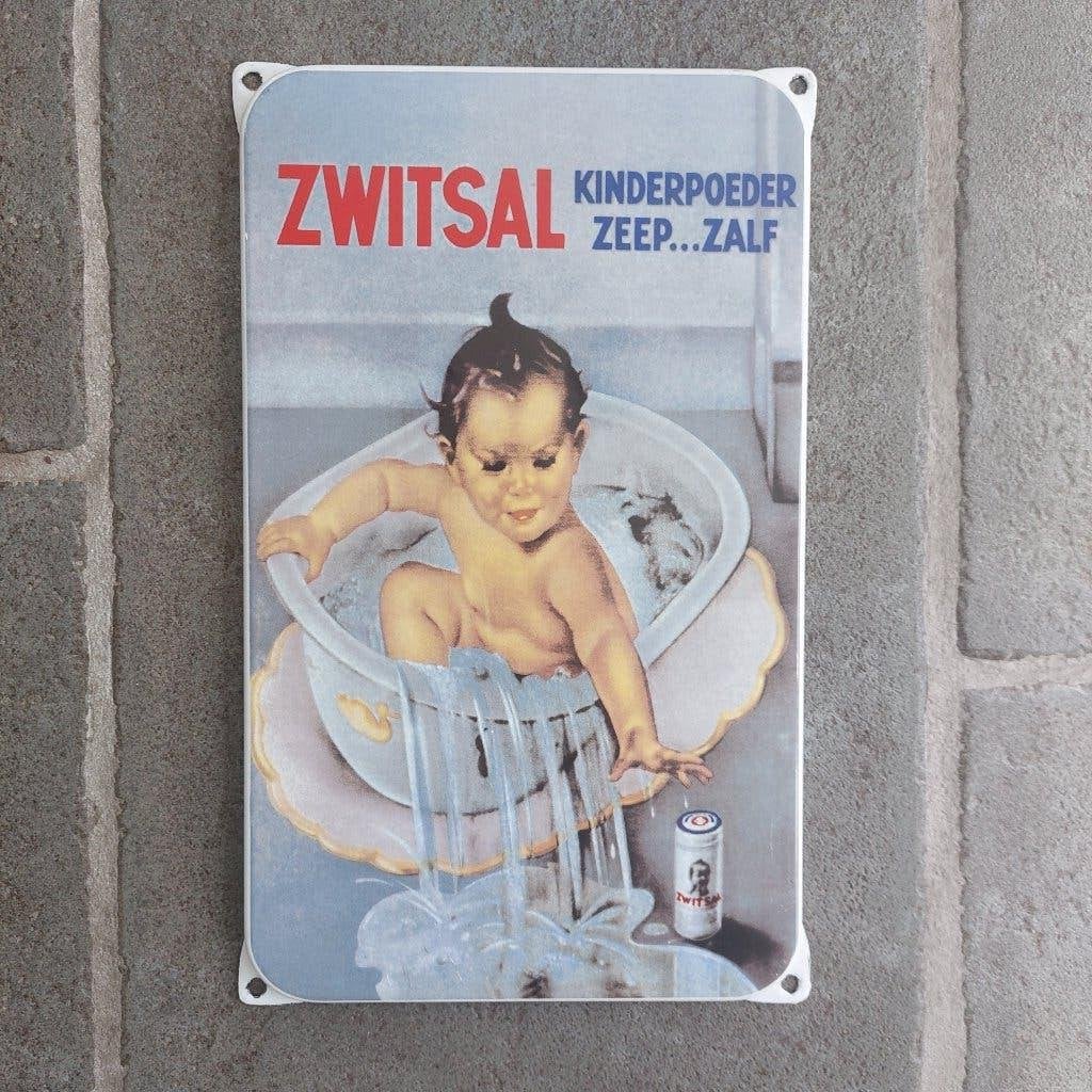 Emaille Reclamebord ZWITSAL kinderpoeder zeep...zalf, Ophalen of Verzenden, Zo goed als nieuw, Reclamebord