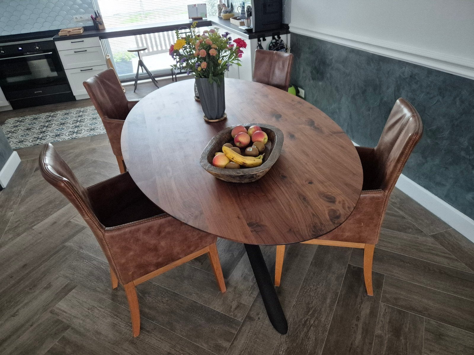 4 leren stoelen (eetkamerstoelen)., Ophalen, Gebruikt, 50 tot 100 cm, Overige houtsoorten