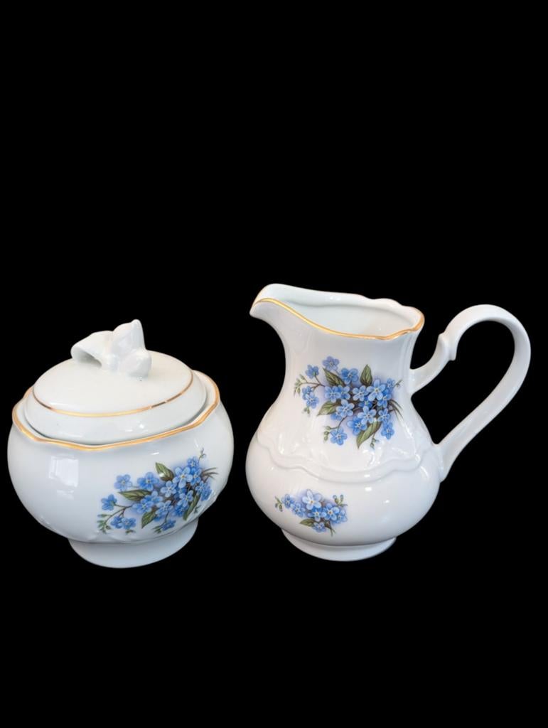 Vintage Kahla suikerpot en melkkannetje – Vergeet-mij-nietje, Verzamelen, Kahla/Thüringen Porzellan GmbH, Overige typen, Ophalen of Verzenden