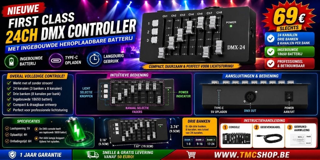 Nieuwe First Class 24ch Dmx controller Met Batterij, Ophalen of Verzenden, Nieuw, Licht, Geluidgestuurd