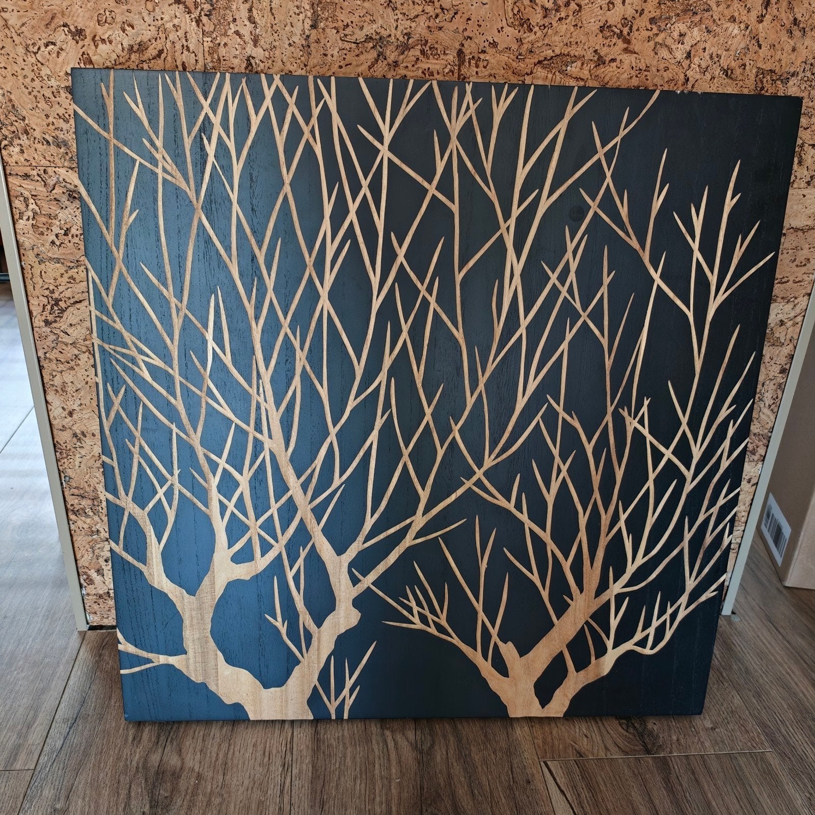 Uniek Houten Kunstwerk: Boomtakken op Zwart 60x60, Ophalen, 50 – 75, Overige typen, Zo goed als nieuw