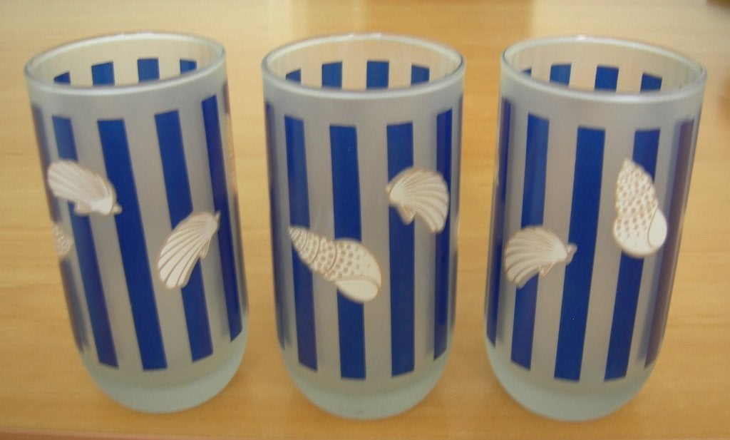 Frisdrankglas / limonadeglas met schelpjes (3x). Ø 6,4x12,5., Glas of Glazen, Ophalen of Verzenden, Overige stijlen, Glas