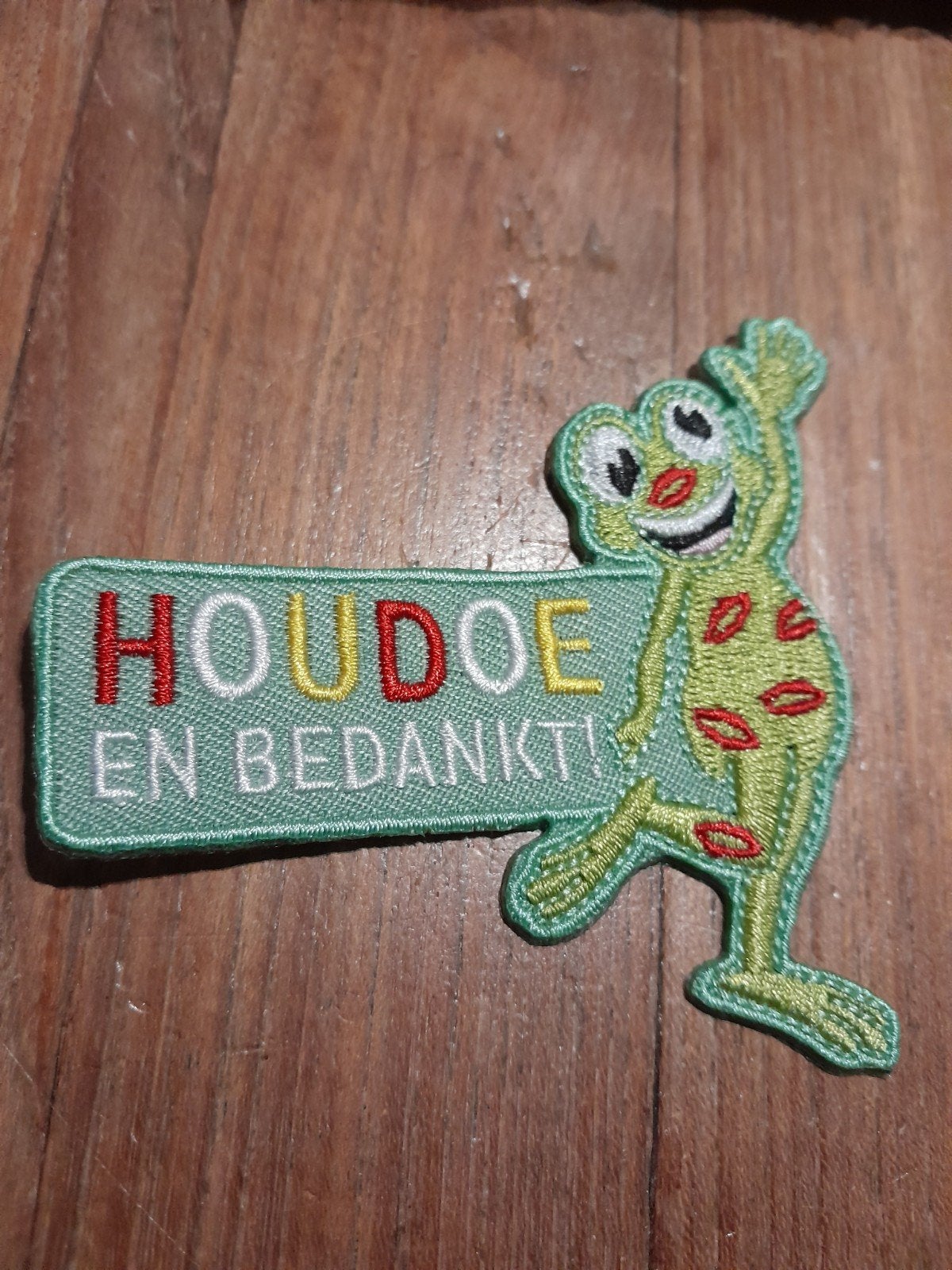 Geborduurde kikker applicatie 'Houdoe en Bedankt!', Ophalen of Verzenden, Zo goed als nieuw, Overige applicaties