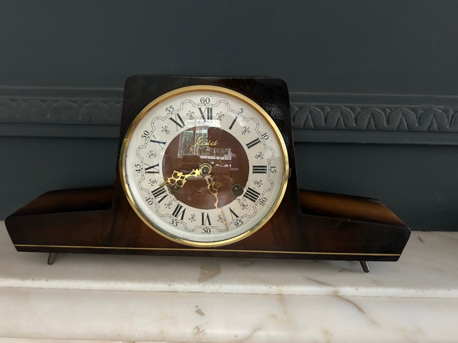 Vintage W. Haid tafel-/schouwklok Hermle uurwerk, Ophalen of Verzenden