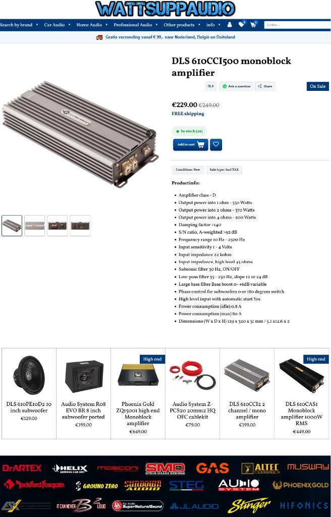 DLS 610CCI500 Monoblok versterker SQ 550W RMS, Auto diversen, Info@optimount.nl, Nieuw, Ophalen of Verzenden, Anholtseweg 48A 7091 HB DINXPERLO
