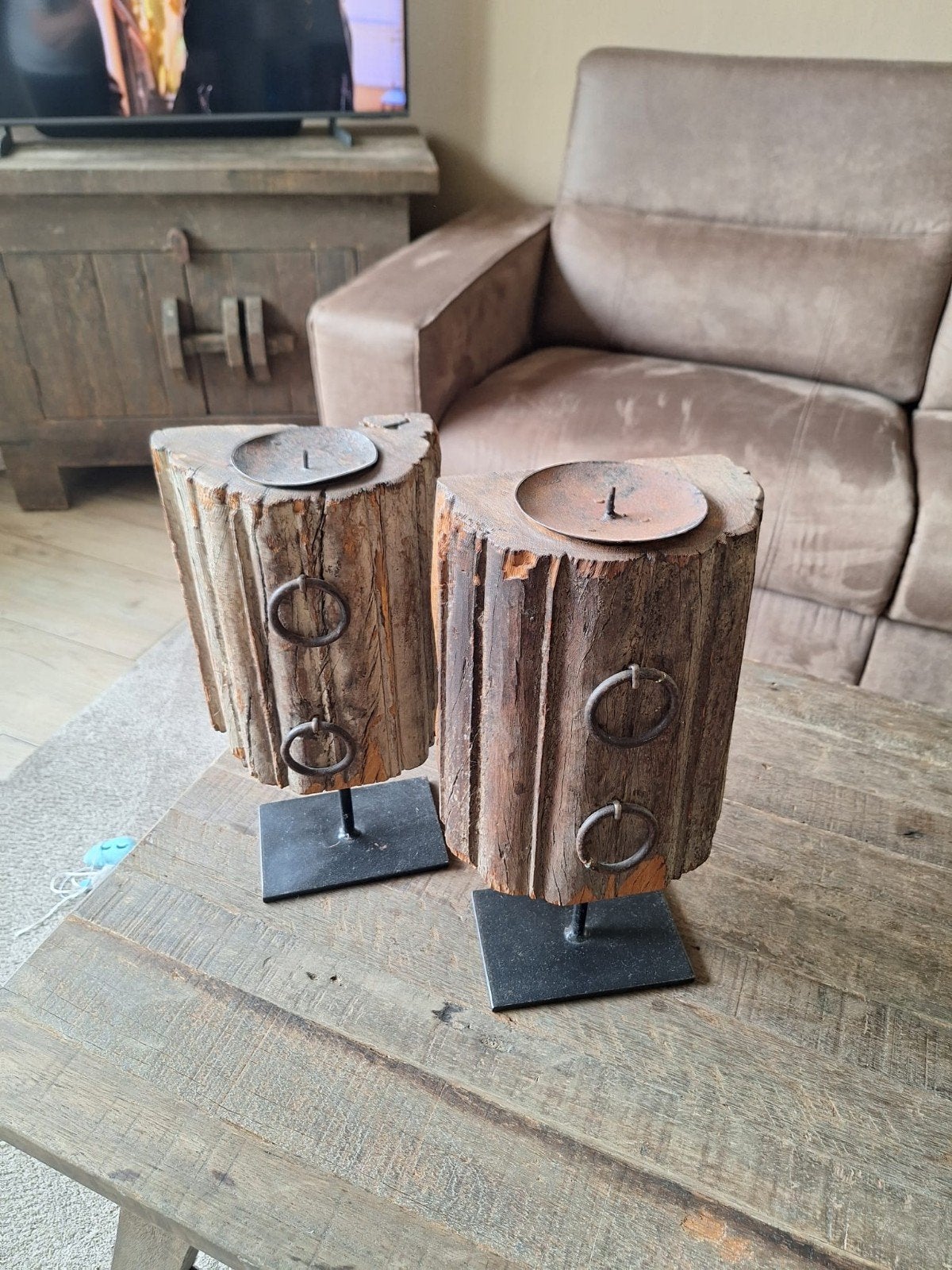Set van 2 robuuste houten kandelaars, Gebruikt, Bruin, Overige merken, Ophalen of Verzenden