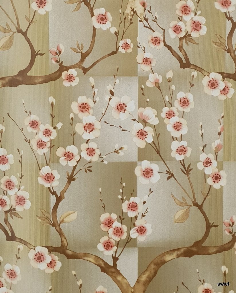 13219 japanse bloesem behang met gouden details swiet, Ophalen of Verzenden, Bruin