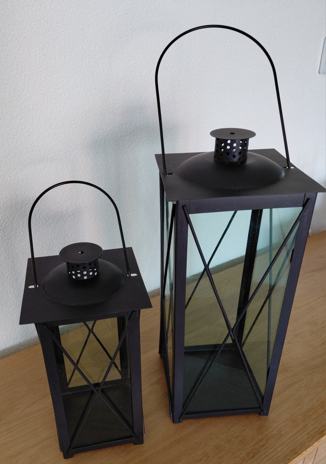 Set van 2 zwarte metalen lantaarns, Ophalen of Verzenden, Gebruikt, Metaal, Zwart