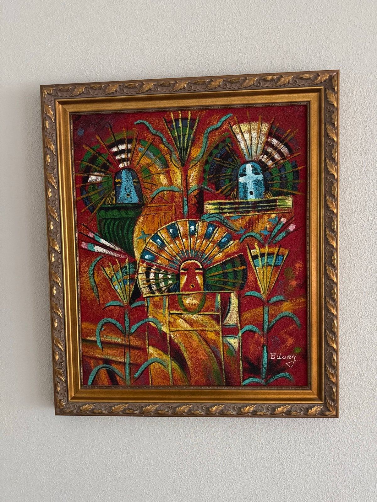 Abstract schilderij met inheemse motieven, 70x60 cm, Antiek en Kunst, Ophalen of Verzenden, Gesigneerd, Olieverf, Overige onderwerpen