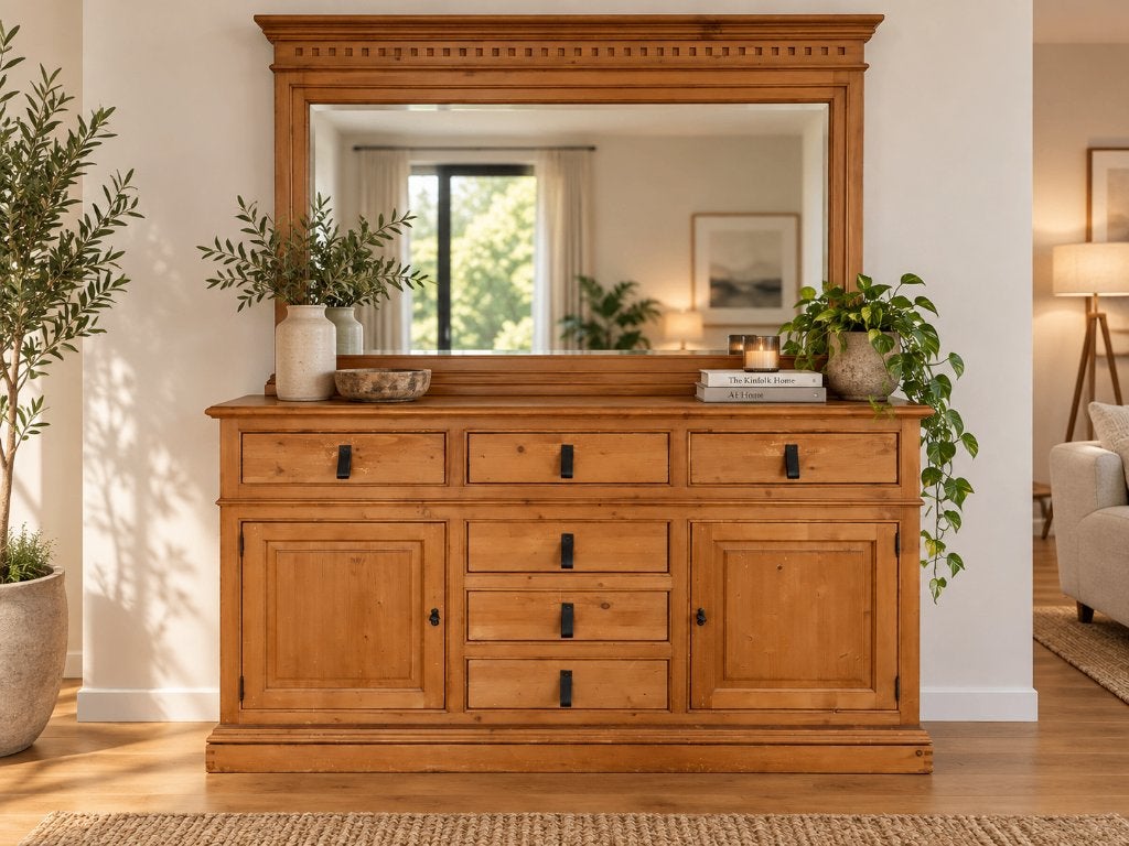 Houten dressoir met antieke spiegel, Ophalen, Gebruikt, Landelijk klassiek, 150 tot 200 cm