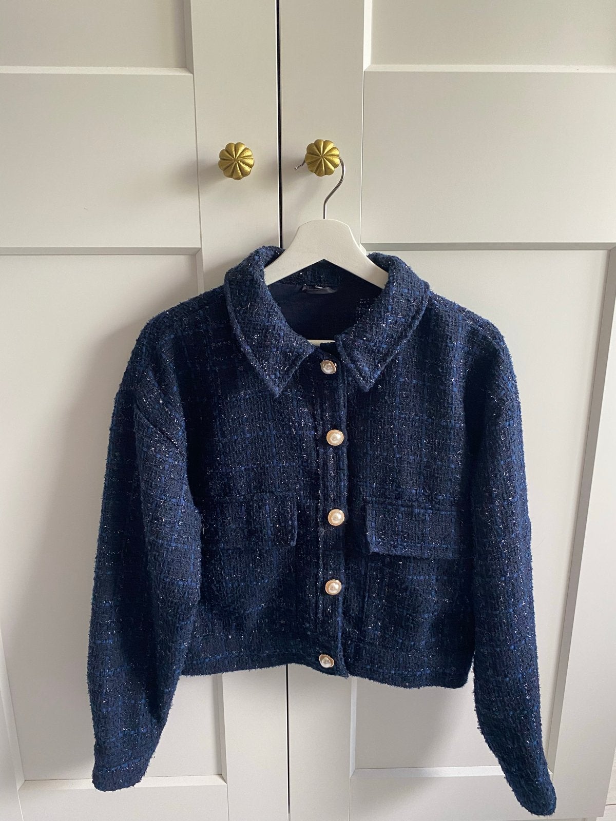 Donkerblauw bouclé jasje m, Maat 38/40 (M), Blauw, Ophalen of Verzenden, Zo goed als nieuw