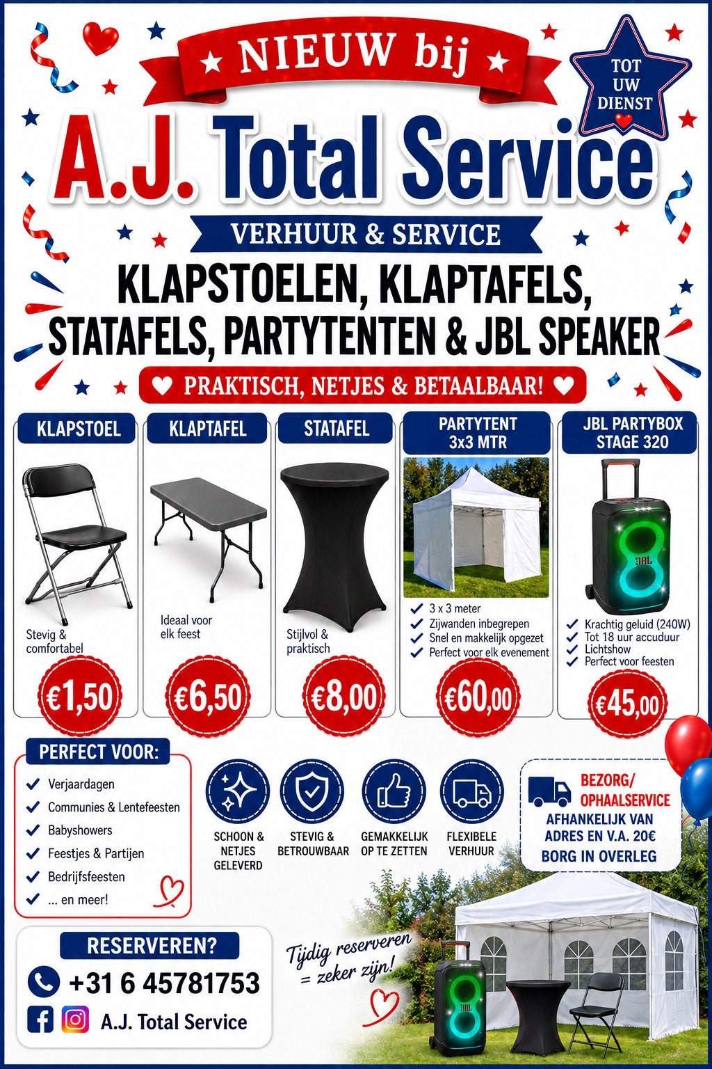 Klapstoelen, klaptafels, statafels, partybox & tent te huur