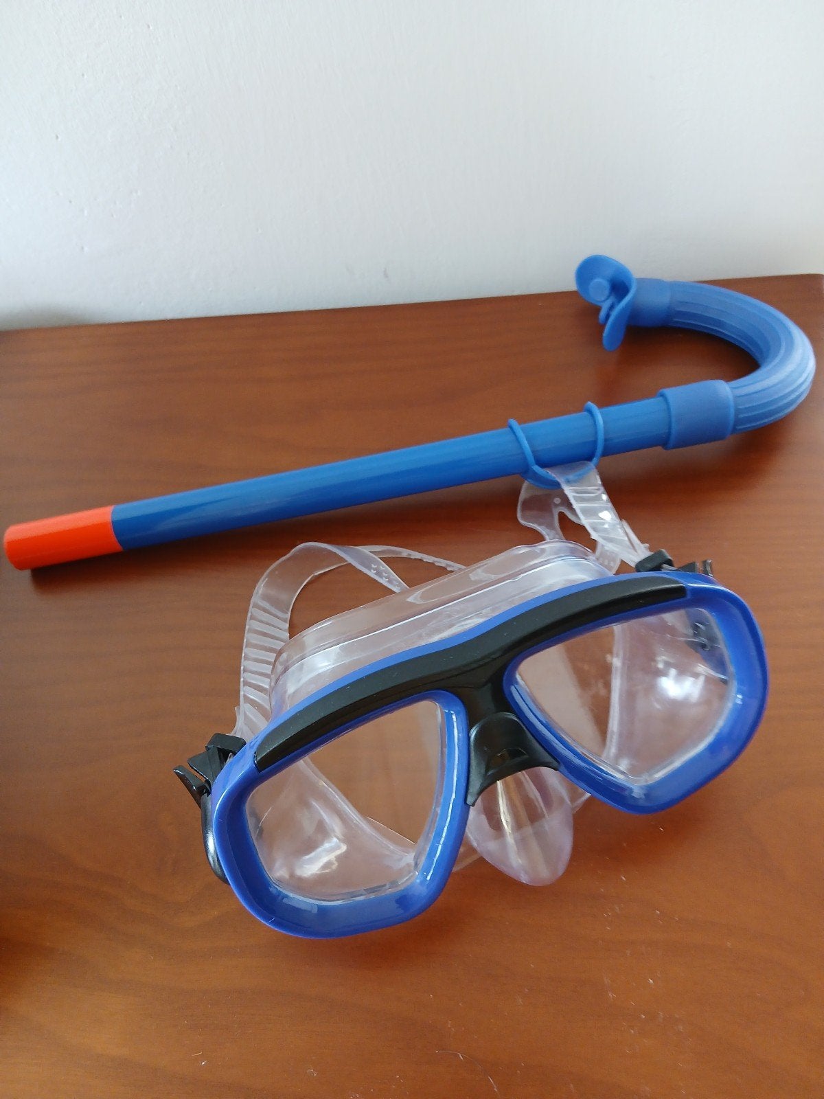M/L snorkelset doorzichtig masker pijp blauw top fluor roze, Ophalen of Verzenden, Gebruikt, Snorkelset
