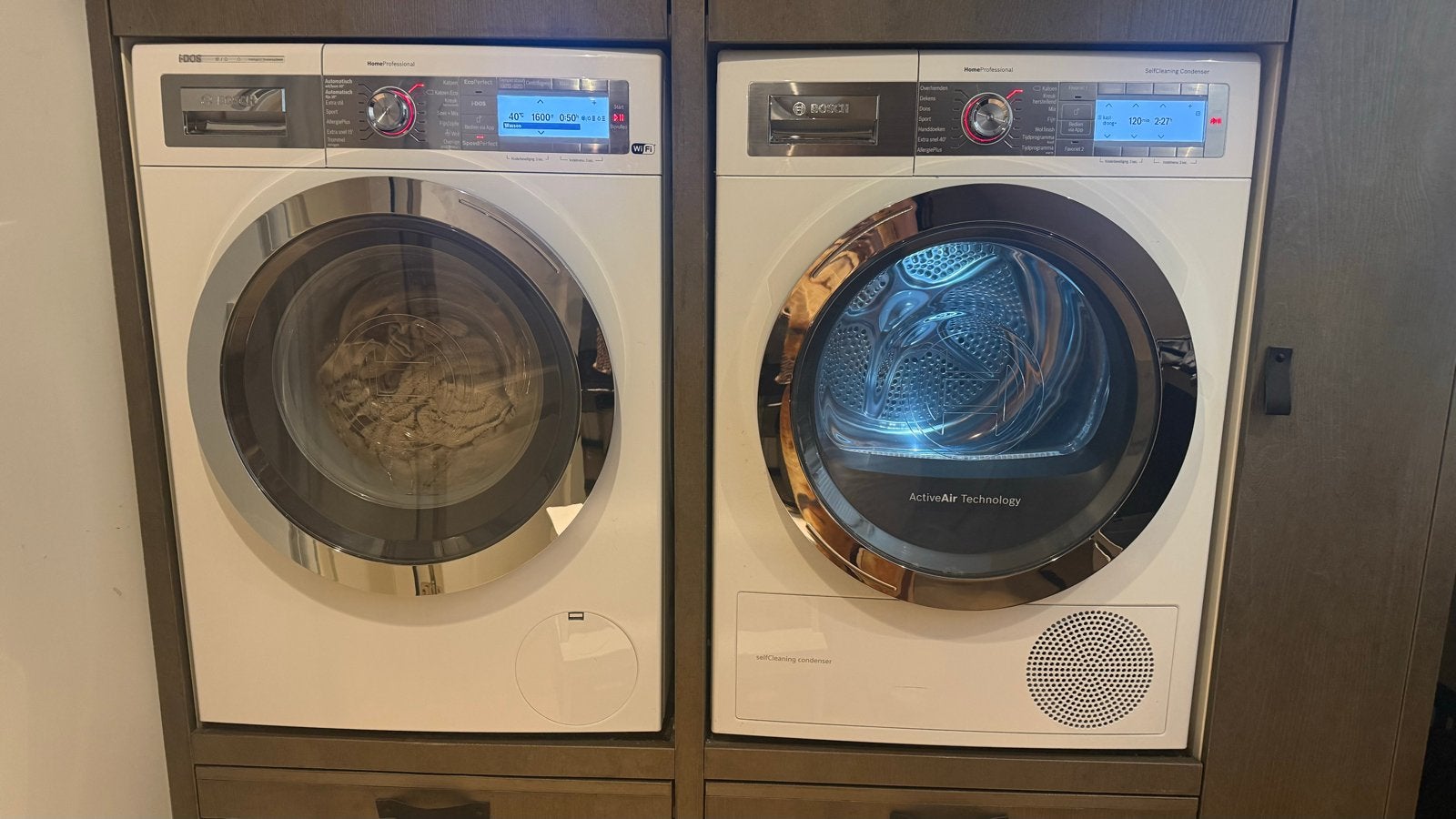 Bosch Home Professional Wasmachine en Droger Set, Ophalen, 1200 tot 1600 toeren, Gebruikt, 8 tot 10 kg