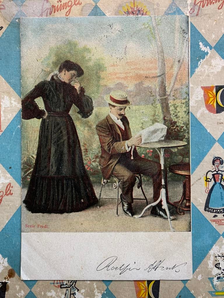 1905 Dame en heer, man leest de krant (SL), Ophalen of Verzenden, Voor 1920, Gelopen, Overige thema's