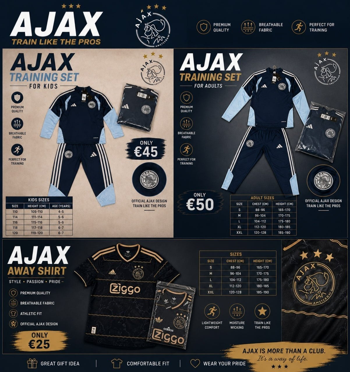 Ajax Uitshirt, trainingspakken kids en volwassenen, Zwart, Nieuw, Overige maten, Ophalen of Verzenden