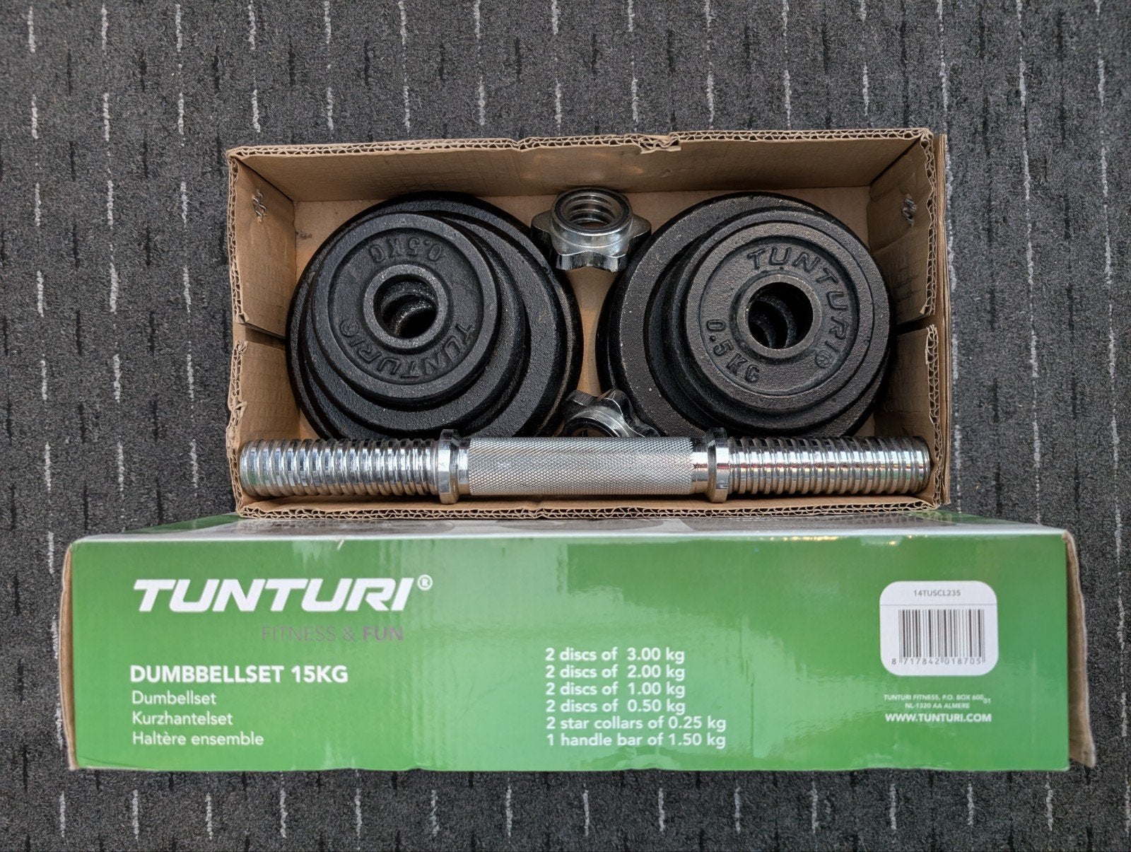 Tunturi Dumbbellset 15KG per stuk (5 complete sets totaal), Sport en Fitness, Fitnessmaterialen, Ophalen, Gebruikt, Rug, Halterset