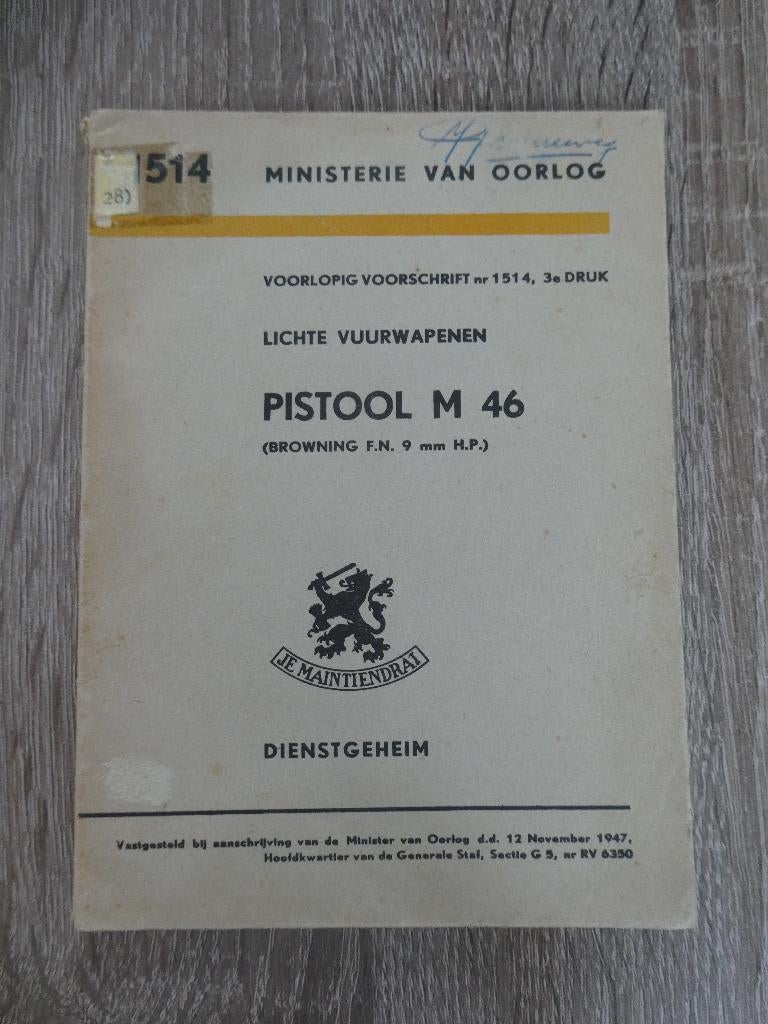 Voorschrift pistool M46, FN Browning 9 mm H.P., Ophalen of Verzenden, Nederland