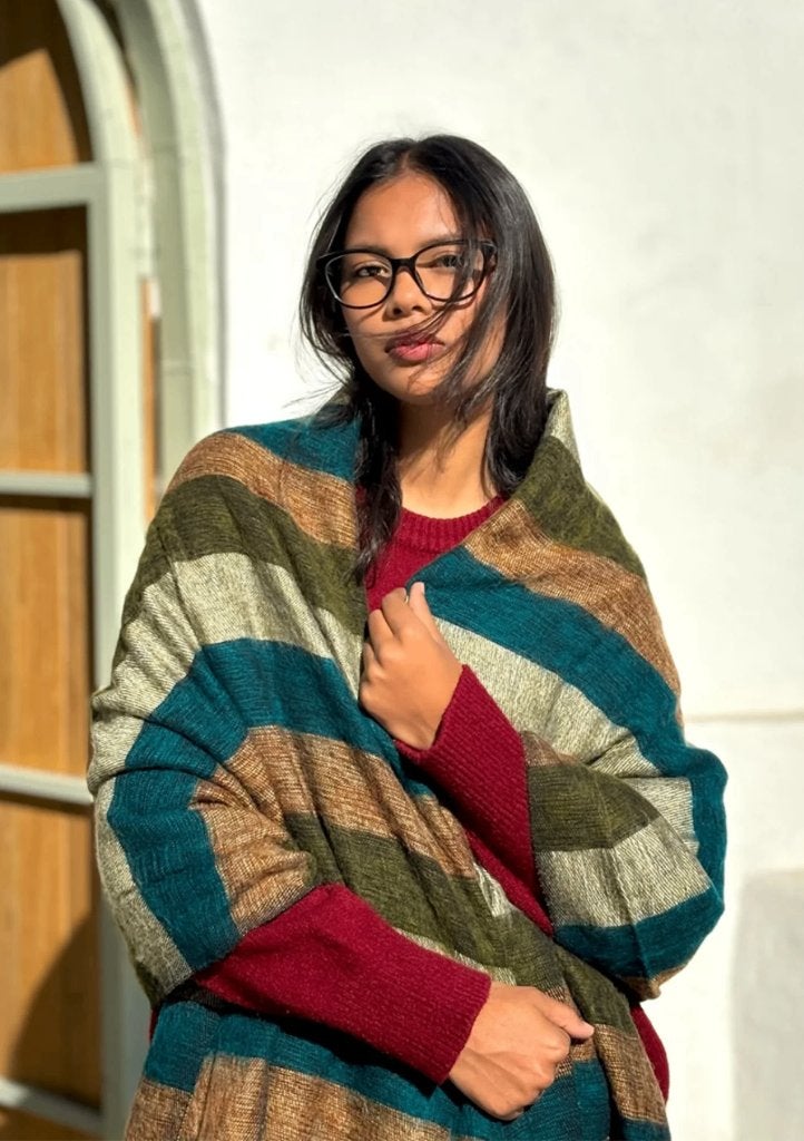 Luxe groen-blauw-bruin gestreepte wollen meditatie sjaal, Maat 46/48 (XL) of groter, Nieuw, Ophalen of Verzenden, Nepalhandwerk.nl