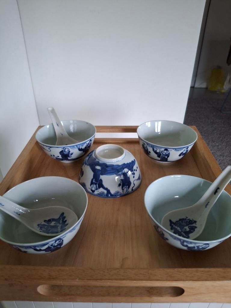 5 Chinese blauw-witte kommen met Fu Lu Shou decor, Ophalen of Verzenden