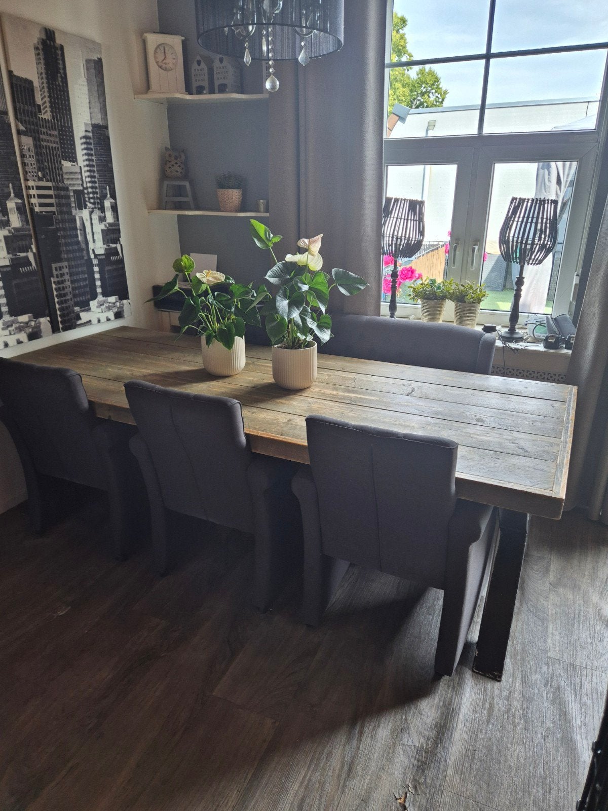 Eettafel met kruispoten, bank en 3 stoelen (2.50 x 1.00), Gebruikt, 100 tot 150 cm, 200 cm of meer, Vijf personen of meer