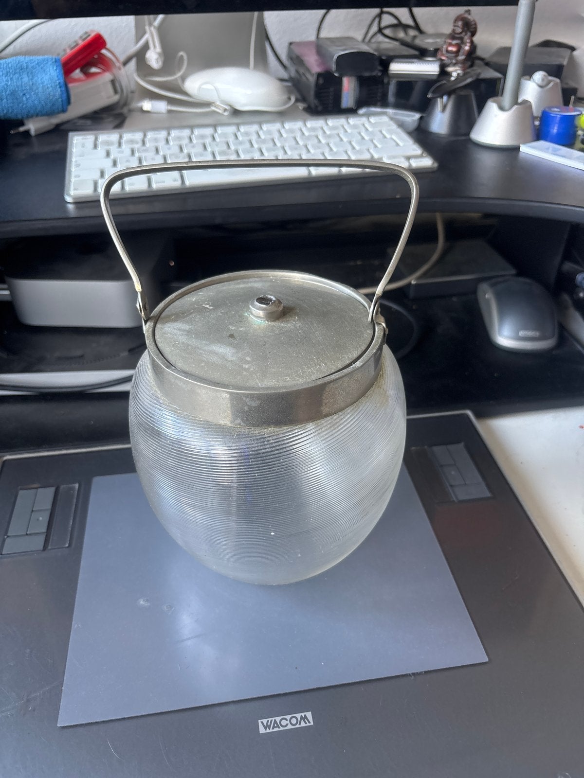 Vintage glazen ijsemmer met metalen handvat en deksel, Ophalen