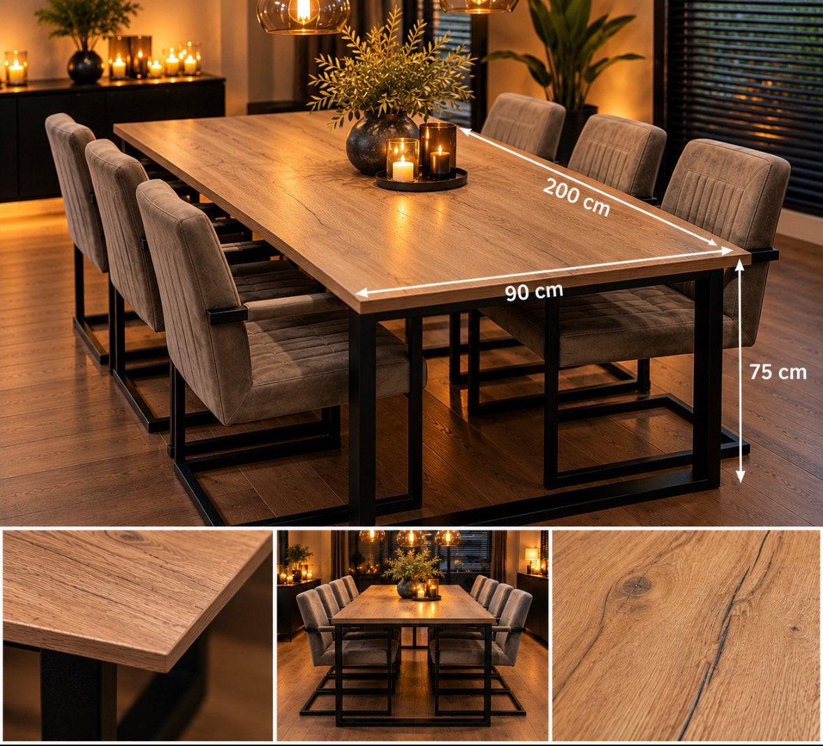 Luxe Industriële Eettafel 200x90 | Houtlook | Zwart, Huis en Inrichting, Ophalen, Zo goed als nieuw, 4 tot 6 stoelen