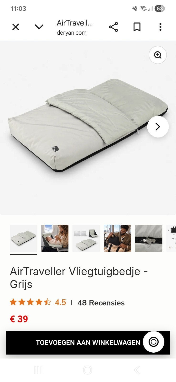 Deryan AirTraveller Vliegtuigbedje - Grijs, Ophalen of Verzenden, Nieuw, Reisbedje