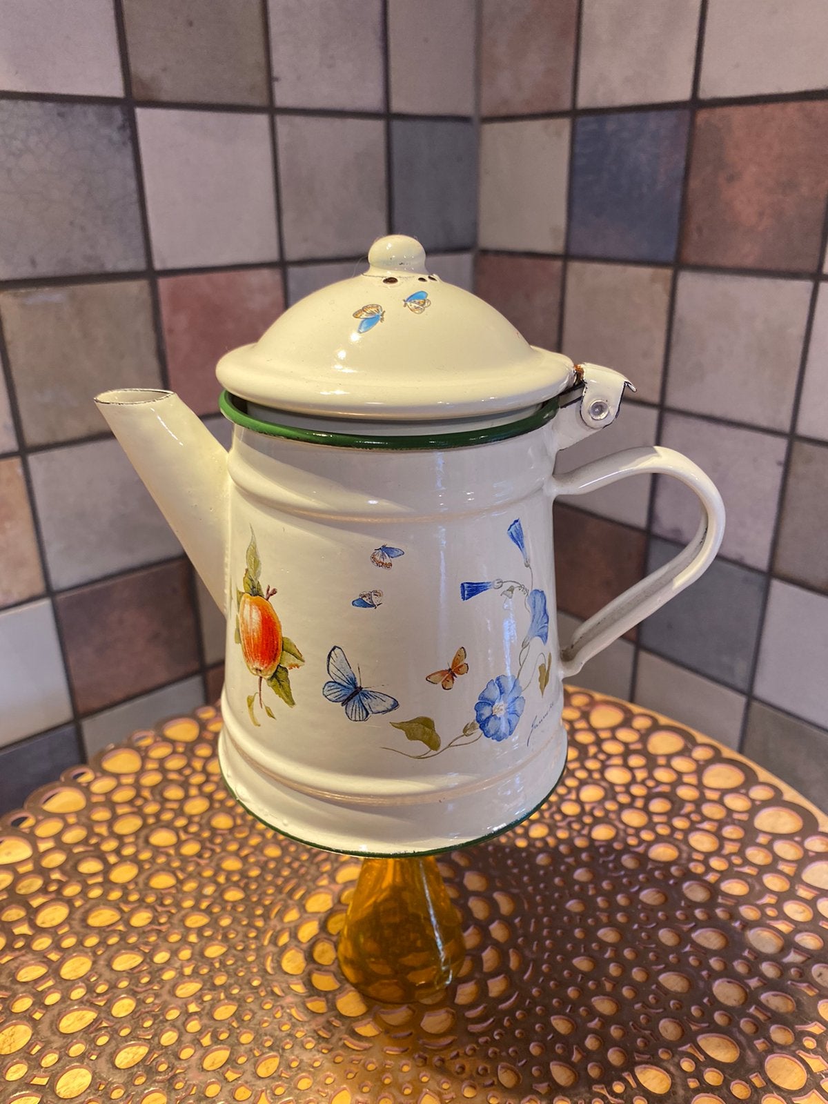JBS,Janneke Brinkman,emaille theepot,hoogte 15 cm,doorsnee11, Antiek en Kunst, Ophalen of Verzenden