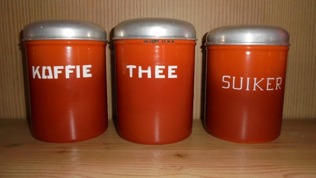 oranjegevlamd emaille koffie thee suikerbussen 2, Ophalen of Verzenden
