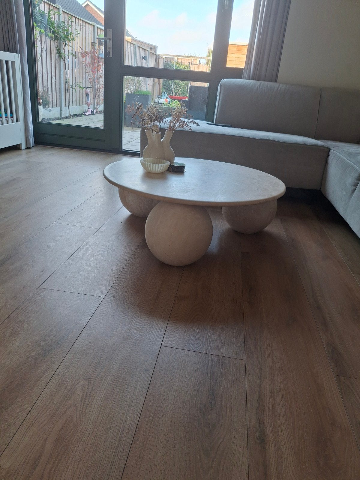 travertin salontafel met 3 bollen, Ophalen, Overige materialen, Gebruikt, 100 tot 150 cm