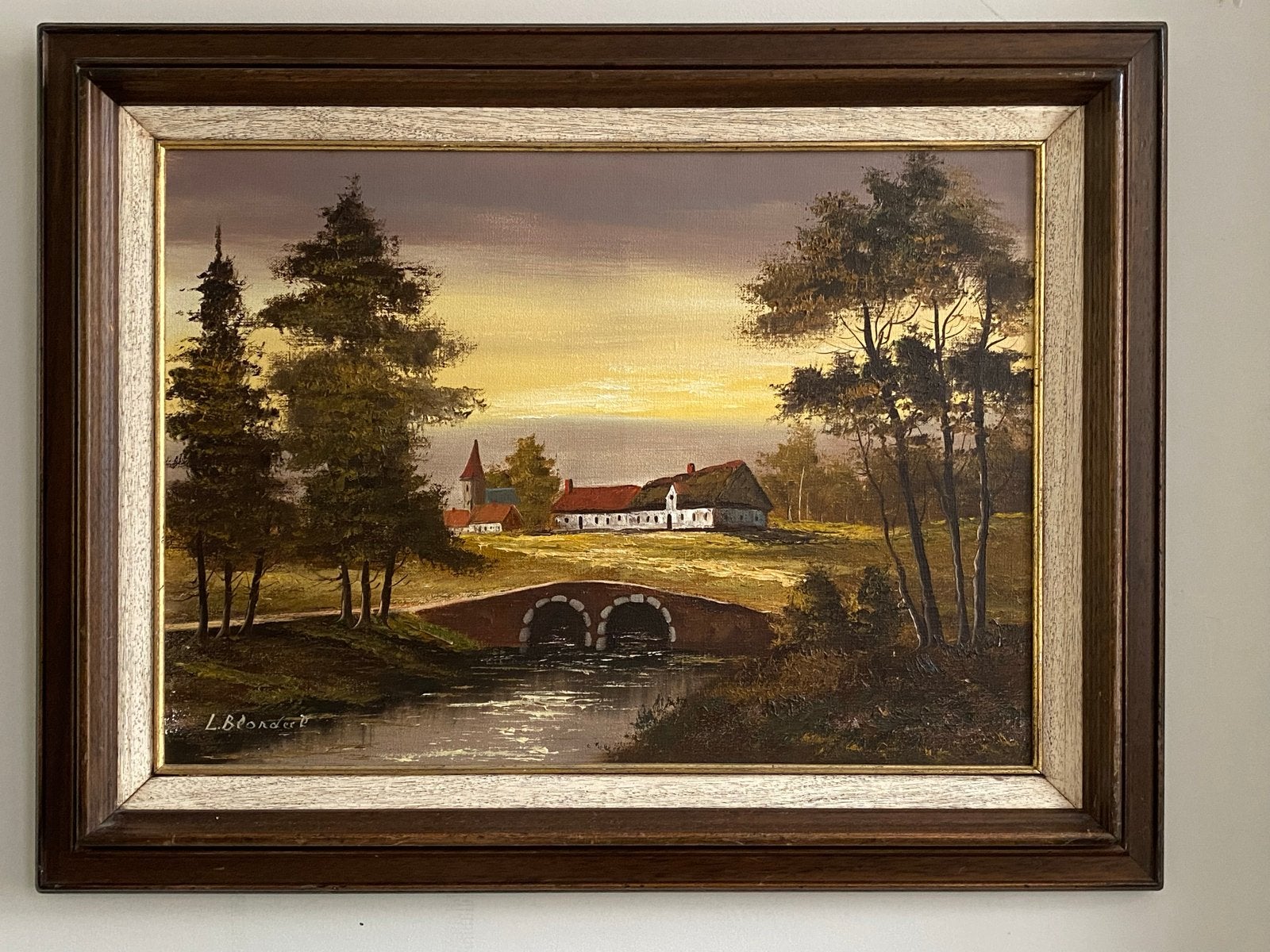Schilderij L. Blondeel - Landschap met boerderij en brug, Ophalen, Doek, Gesigneerd, Landschap