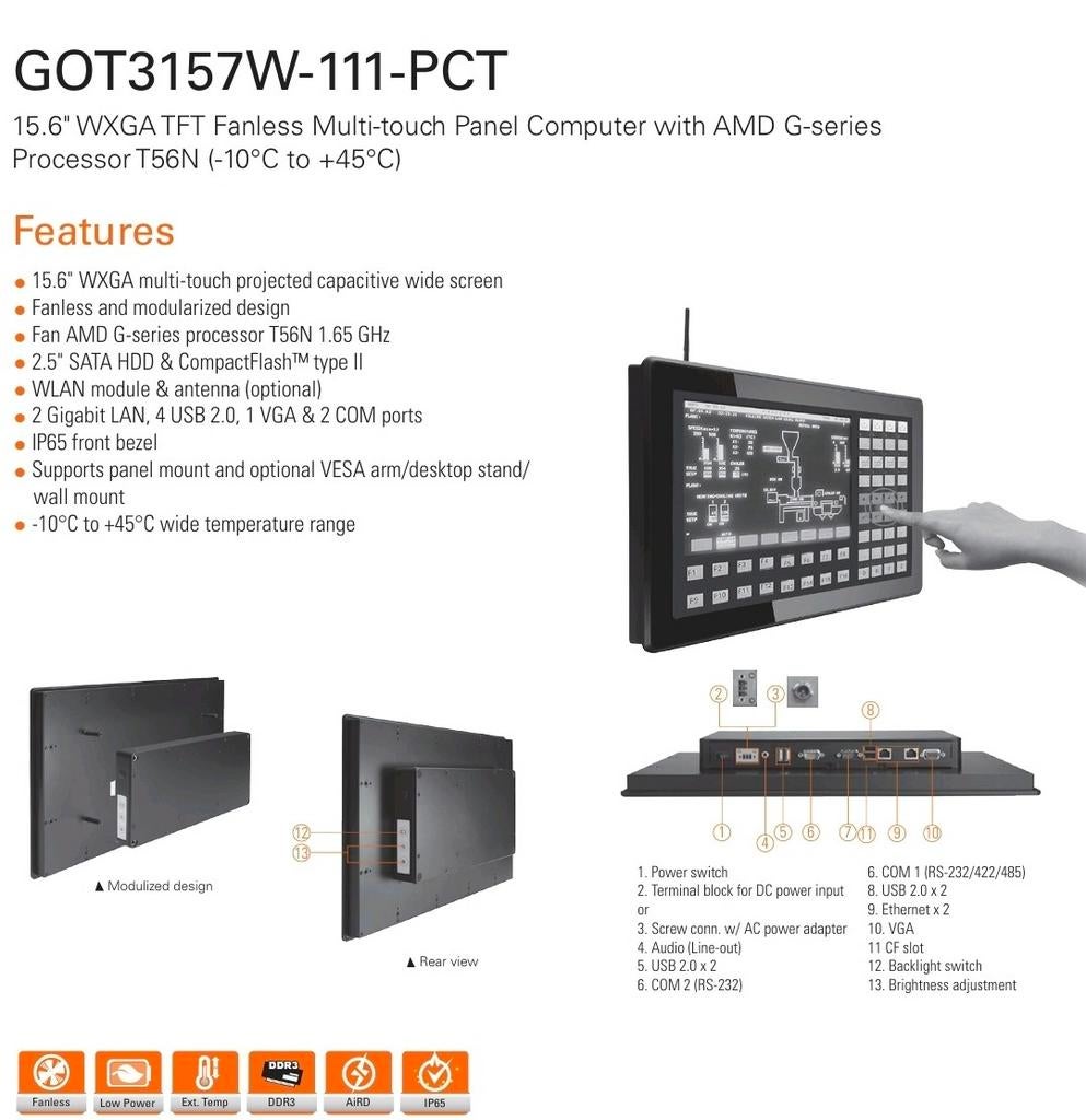 Axiomtek GOT3157W-111-PCT 15.6" Fanless Multi-touch Panel PC, HD, Touchscreen, Nieuw, Ophalen of Verzenden