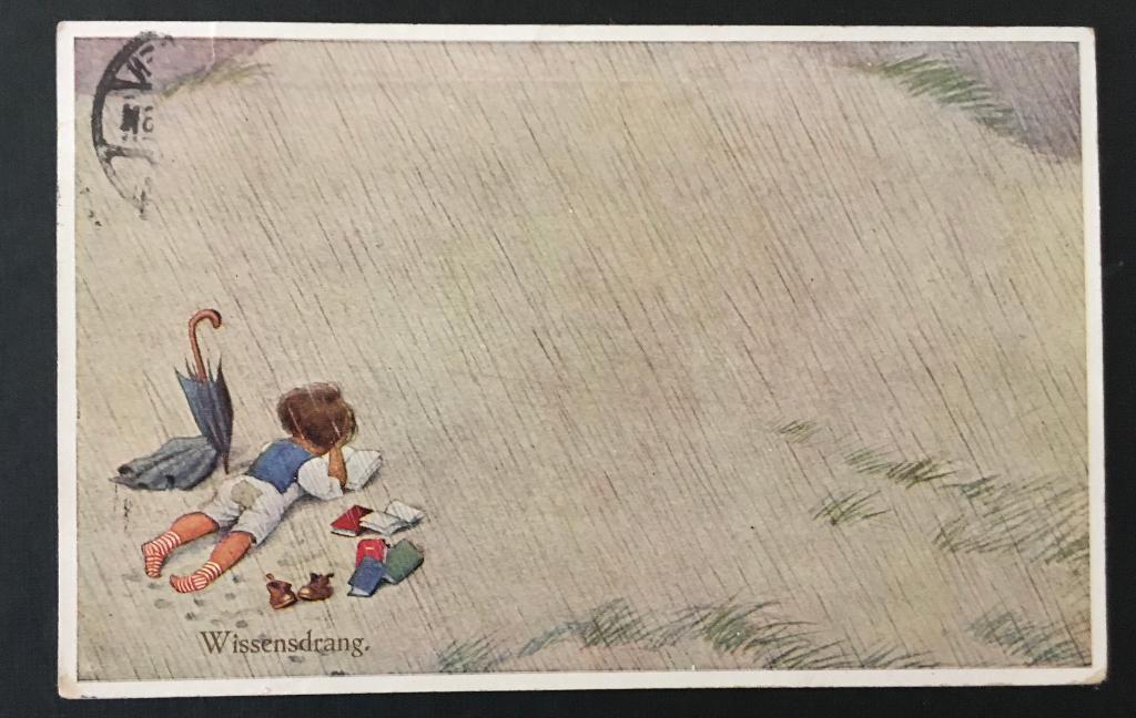 Prentbriefkaart: Kind leest boek op het strand., Ophalen of Verzenden, Voor 1920, Gelopen, Overige thema's