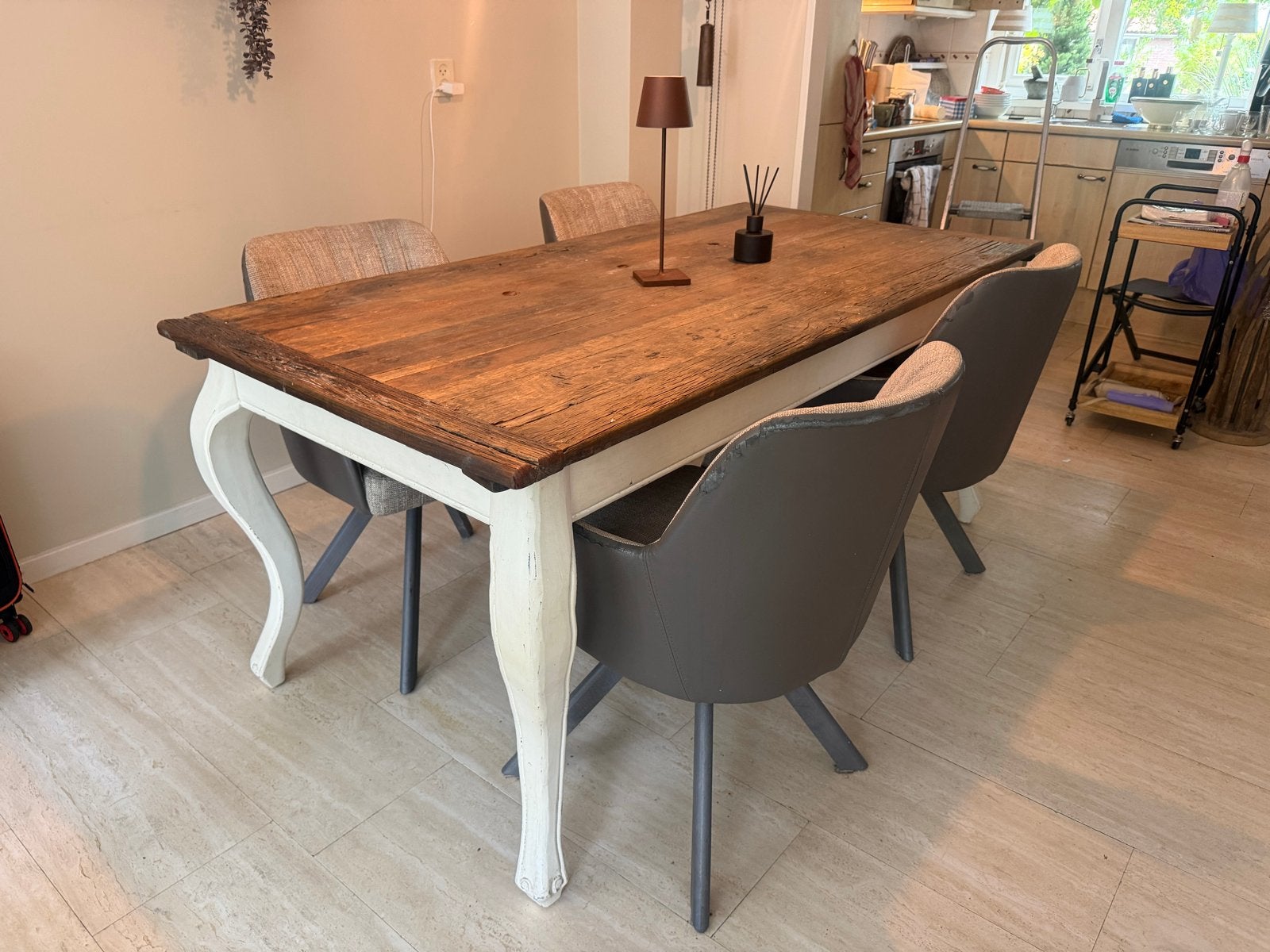 Rivièra Maison eettafel set met bijzettafel en stoelen, Ophalen, Gebruikt, 50 tot 100 cm, 150 tot 200 cm