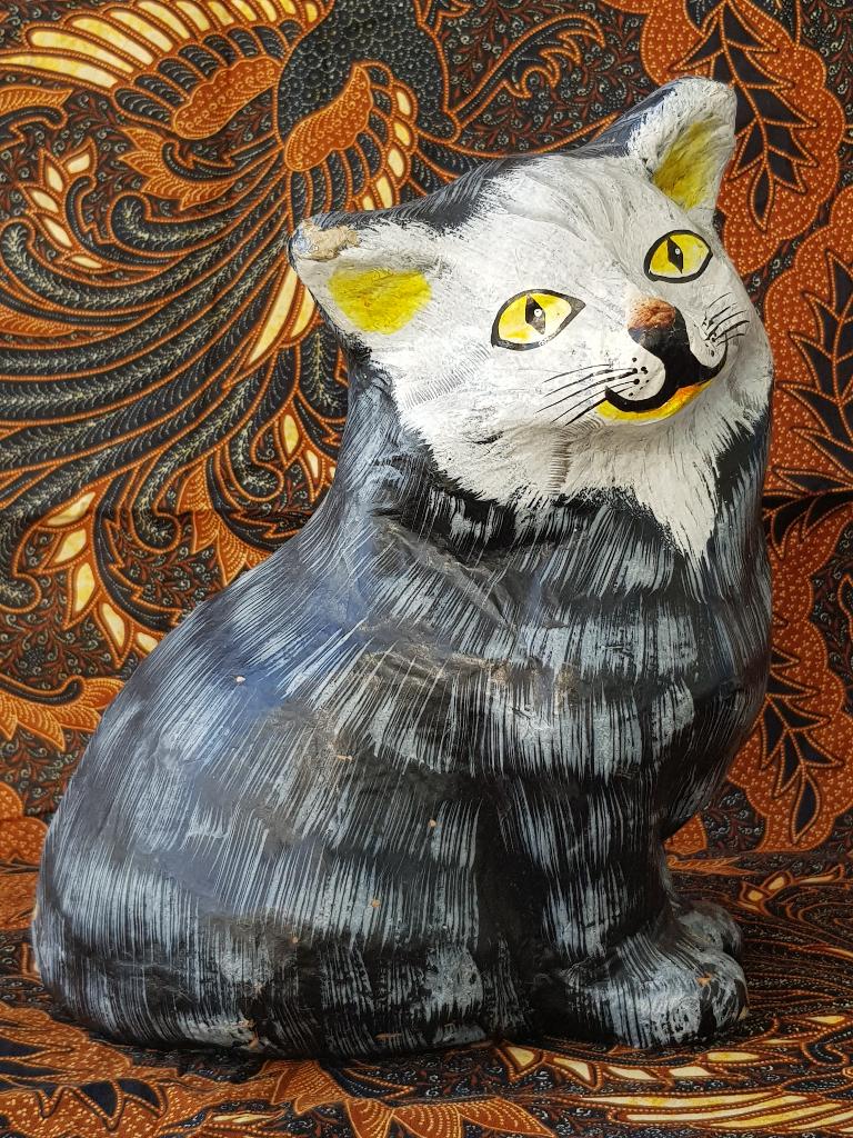 Mooie oude Oosterse poes of kat van Papier-mache 28 cm., Ophalen of Verzenden