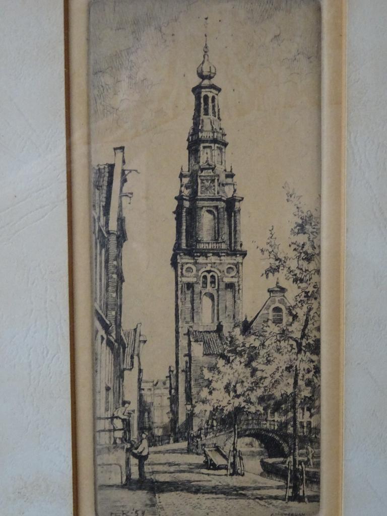 H.E. Roodenburg - Amsterdam - Zuiderkerkstoren, Ingelijst, 28 cm, Ets, Stadsgezicht