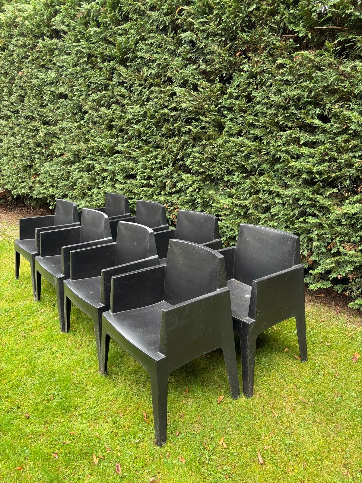 8 zwarte BOX tuinstoelen - Kunststof, Tuin en Terras, Ophalen, Gebruikt, Kunststof, Stapelbaar